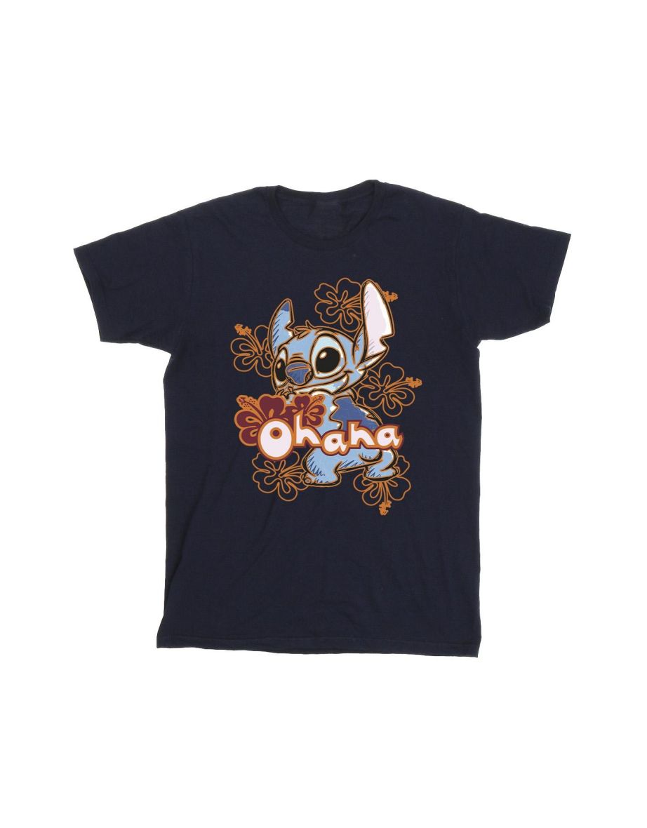 Disney Mens Lilo And Stitch Ohana Orange Hibiscus T-Shirt - Navy Blue