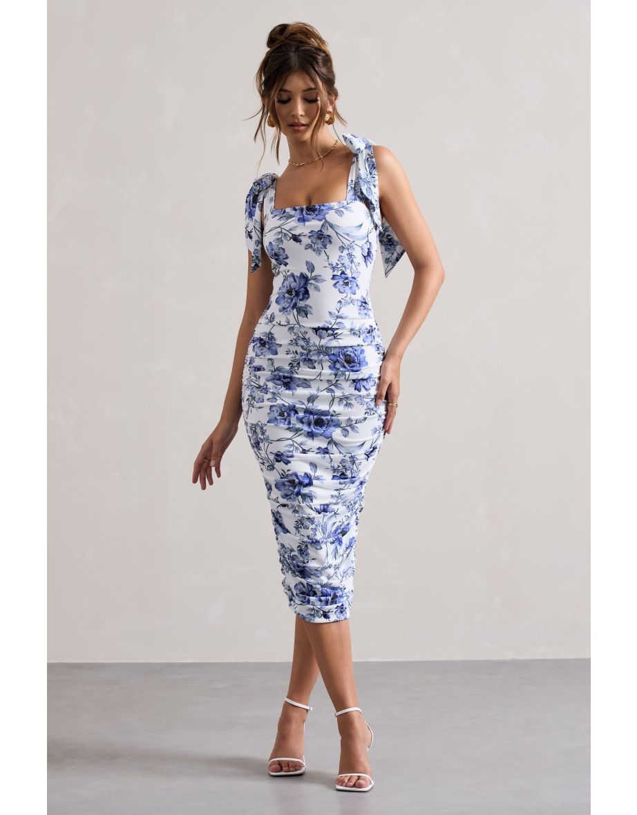 Cordelia | Floral Print Bodycon Midaxi Dress With Bow Straps - 4