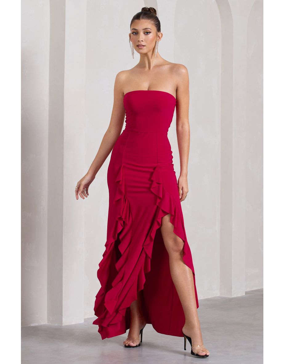 Susan | Red Bandeau Maxi Dress With Ruffled Splits - 3