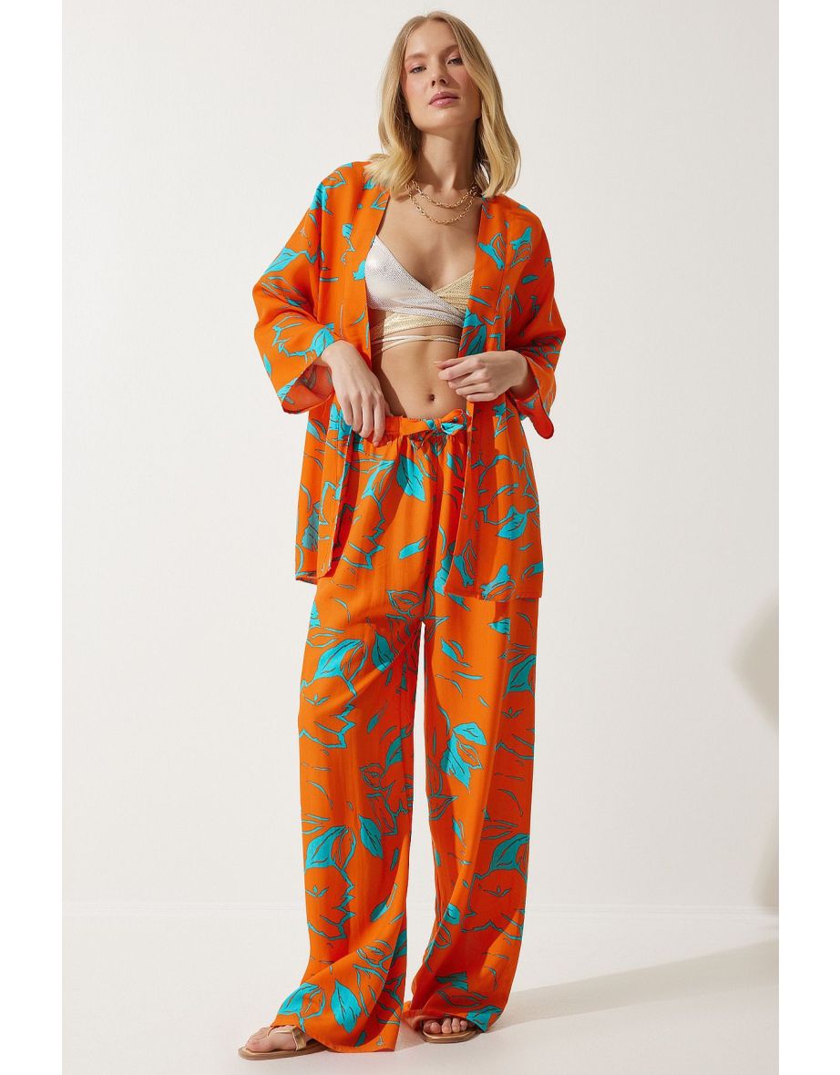 Women's Sky Blue Orange Patterned Kimono Palazzo Trousers Set