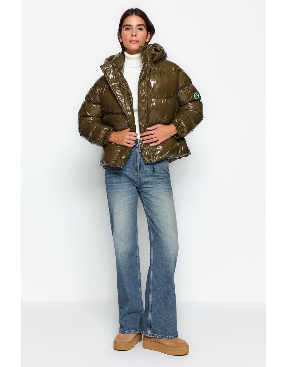 Shop Khaki Oversize Hooded Shiny Water Repellent Puffer Coat Online in Bahrain VogaCloset