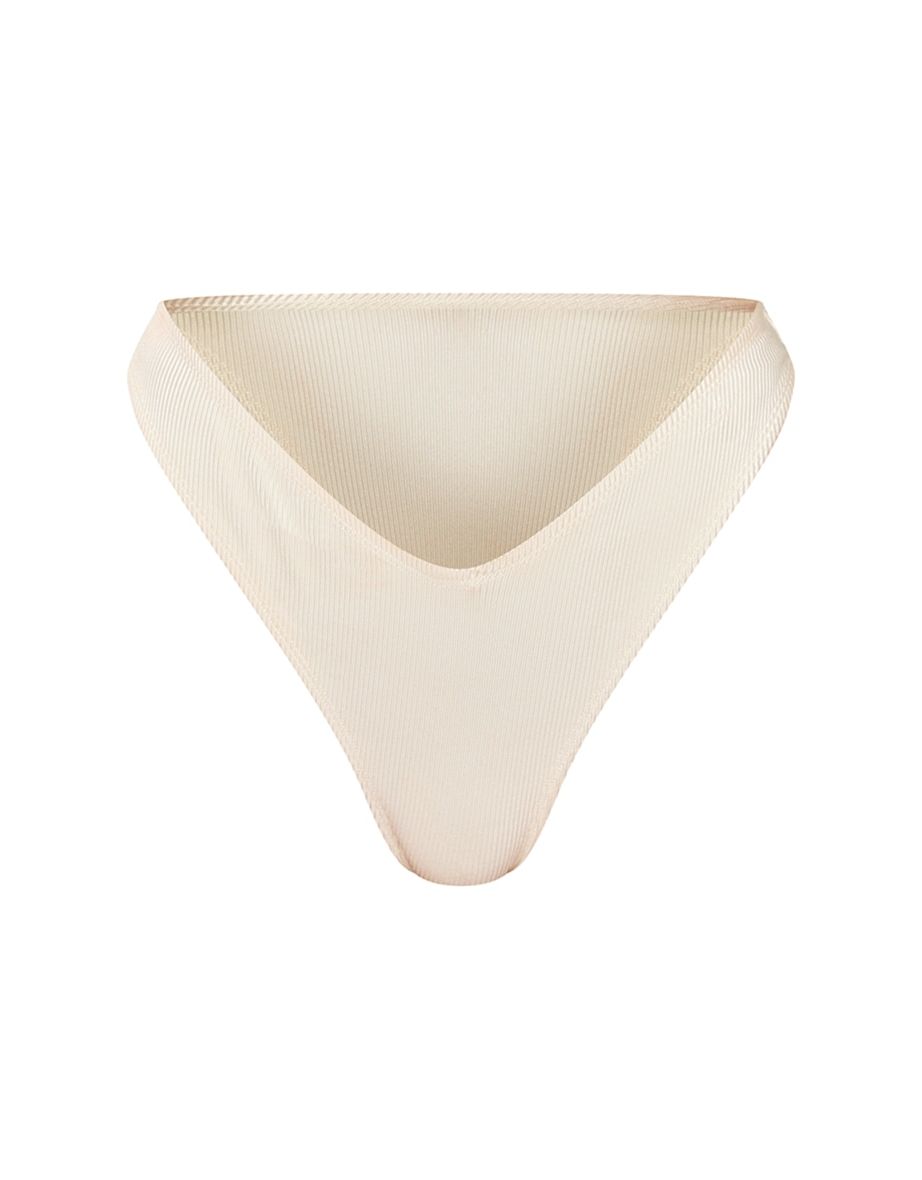 Cream Ribbed V Front Thong Bikini Bottom - 4