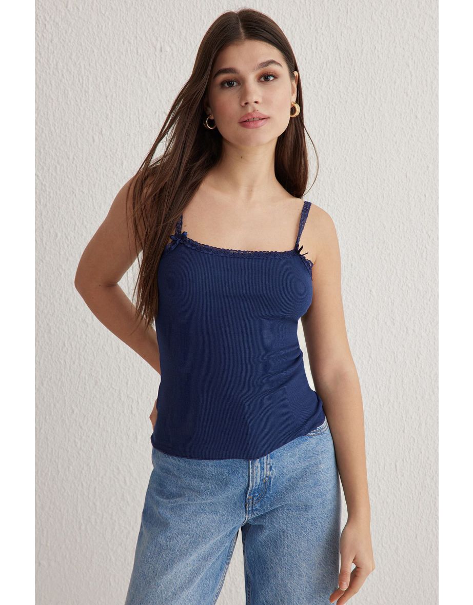 Navy Blue Fitted/Body Sitting Bow Detail Stretch Knitted Undershirt