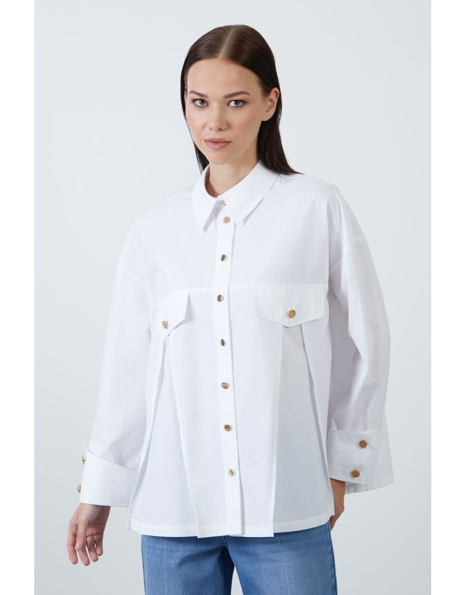 Decorative Pocket Flap Pleated Metal Buttoned White Cotton Shirt