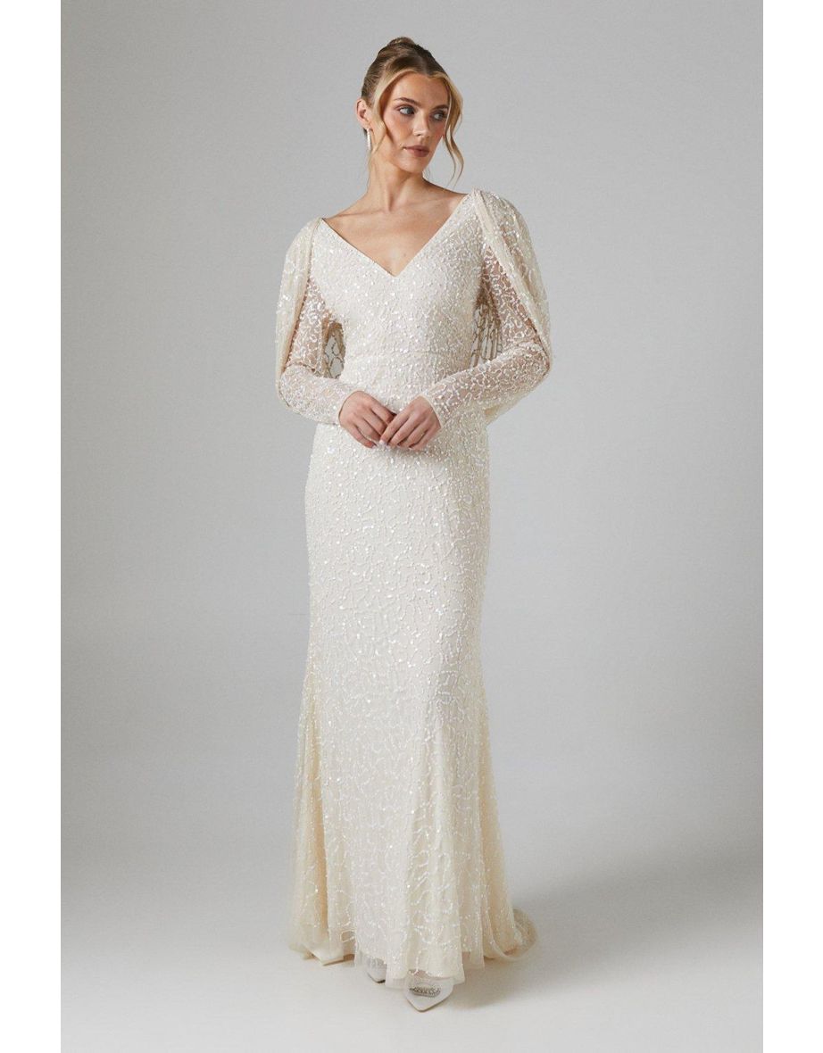 Cowl Back Long Sleeve Embellished Wedding Dress