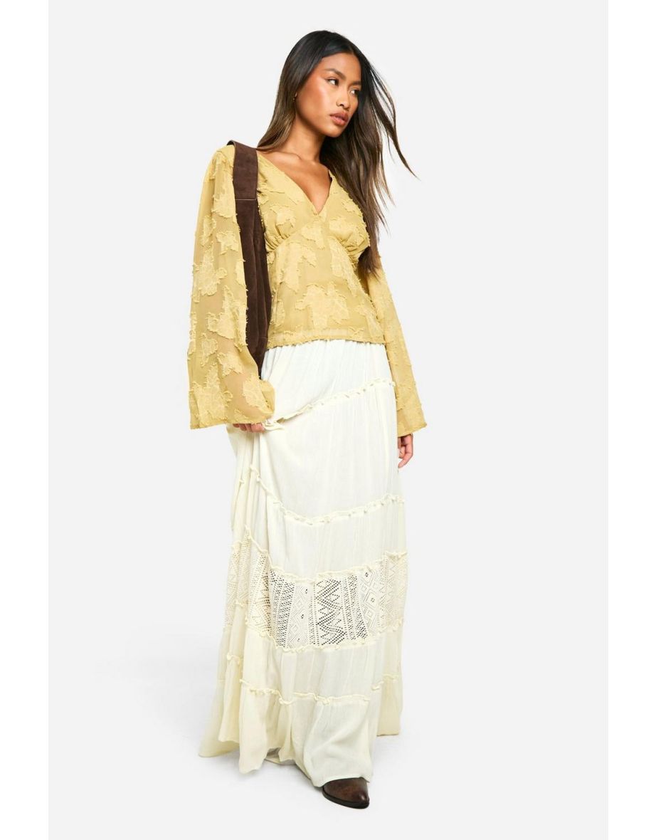 Lace Insert Floaty Folk Maxi Skirt - almond