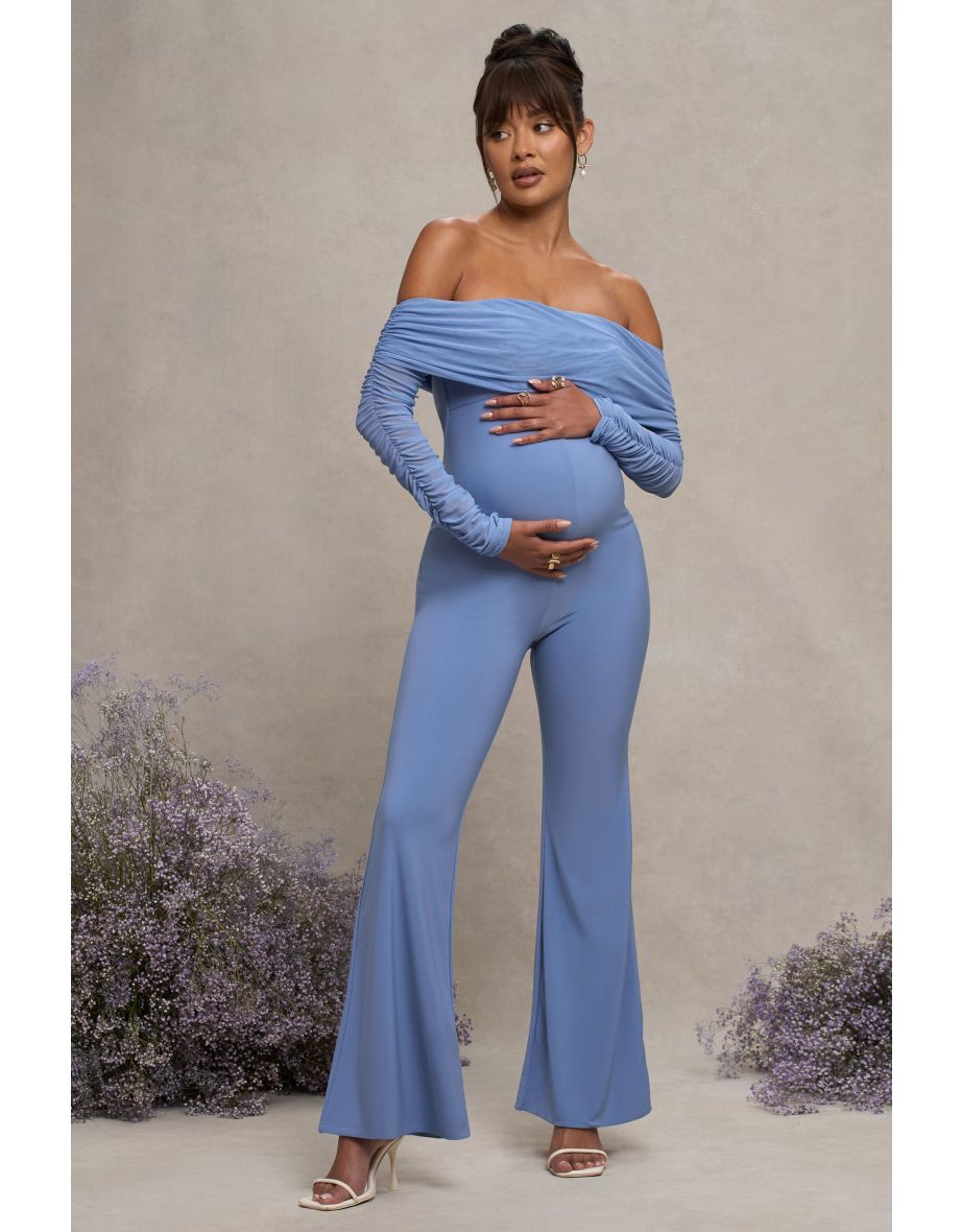 Powder Blue Maternity Ruched Mesh Bardot Jumpsuit