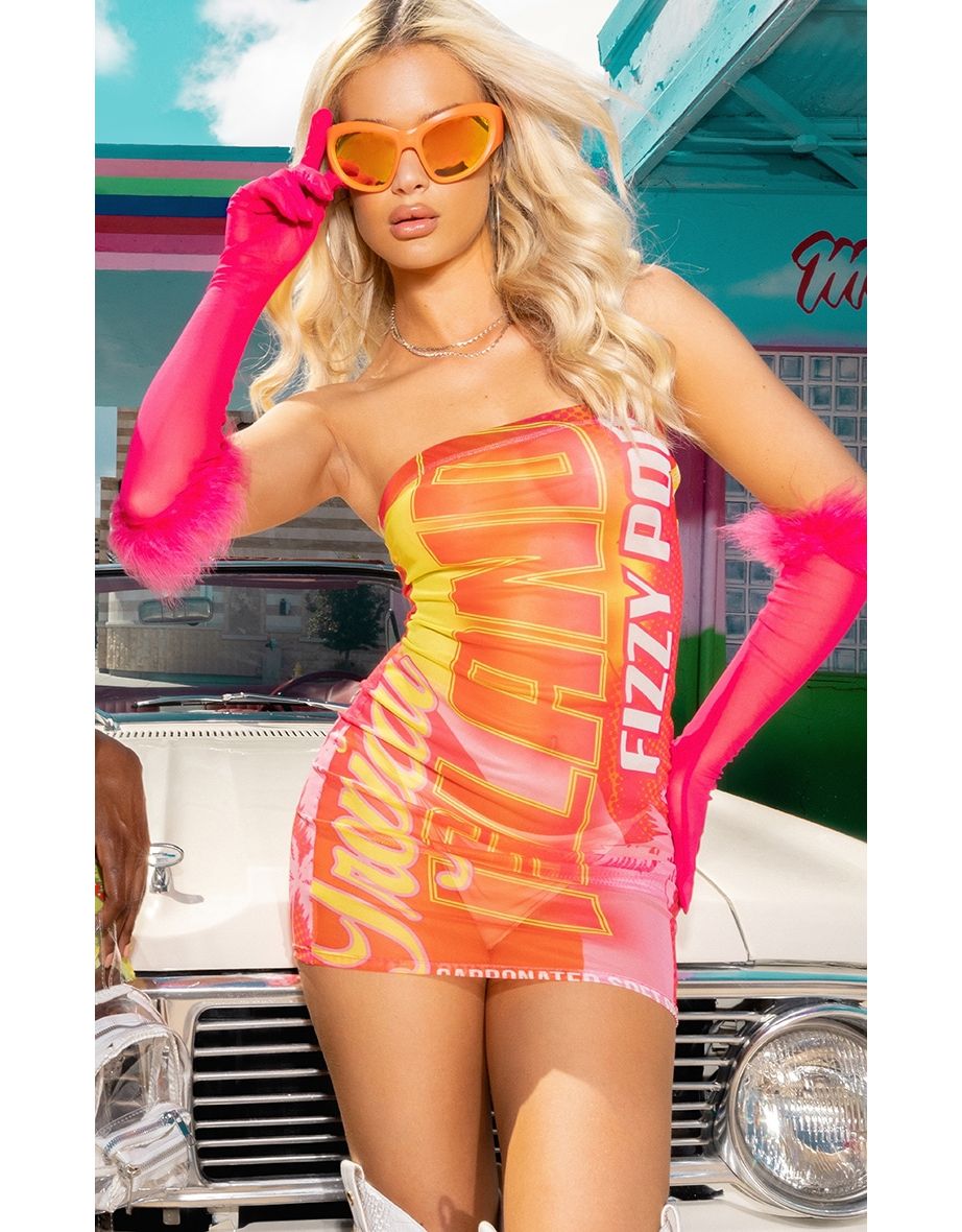 Hot Pink Candy Print Mesh Bandeau Bodycon Dress