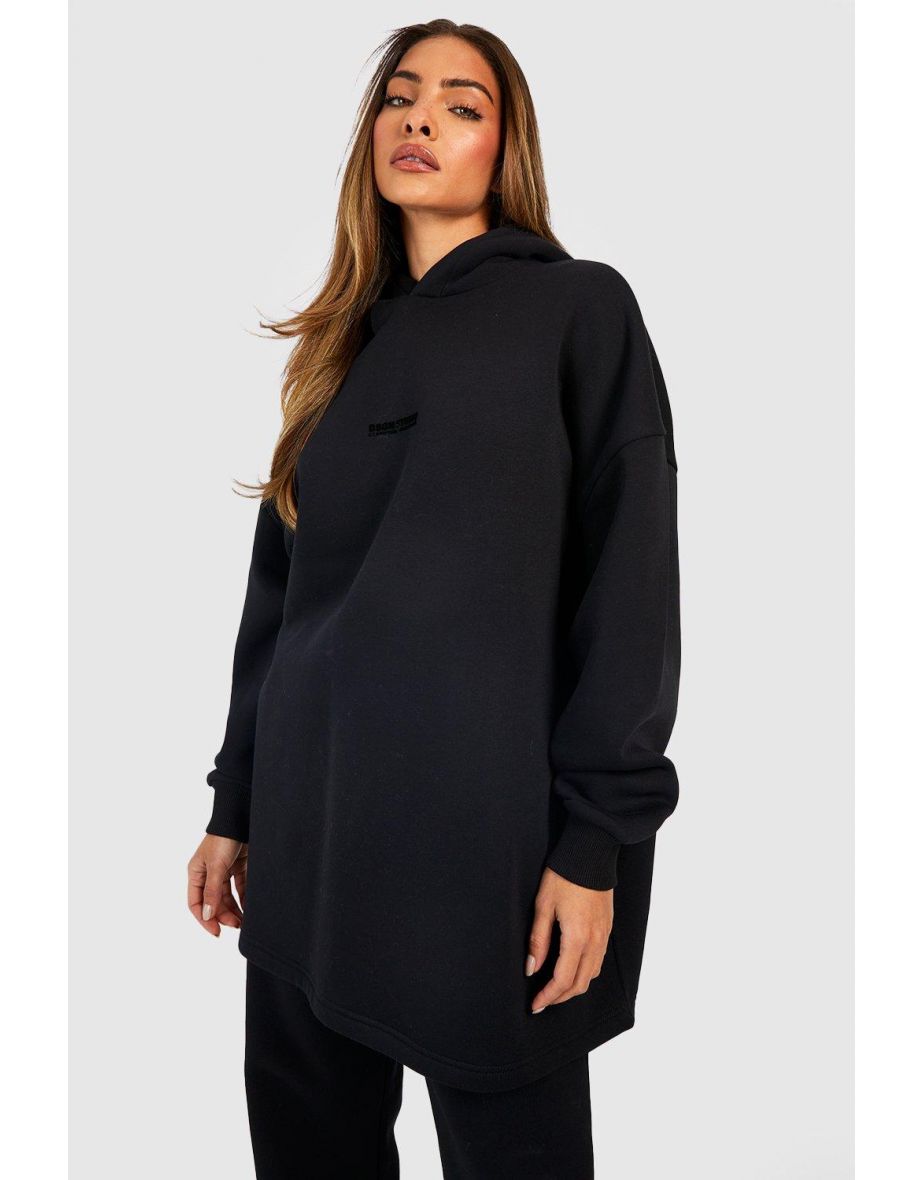 Flocked Slogan Premium Oversized Longline Hoodie - black