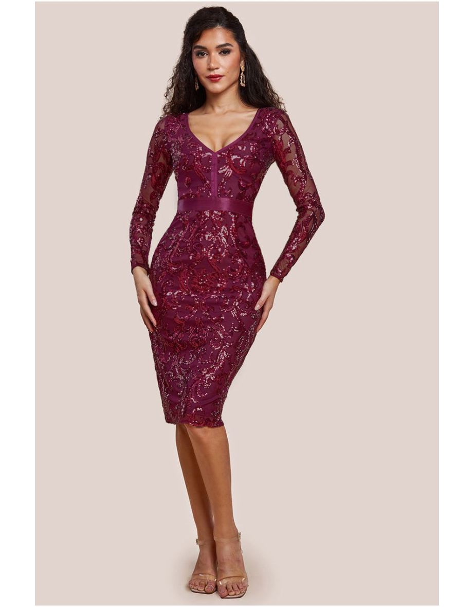Goddiva Sequin & Mesh Midi Dress - Burgundy