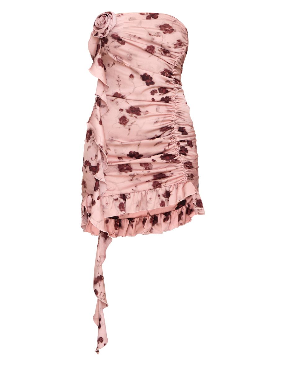 Light Pink Floral Satin Rose Detail Mini Dress - 4
