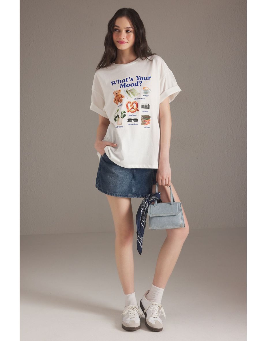 Ecru 100% Cotton Oversize/Wide Pattern Printed Knitted T-Shirt