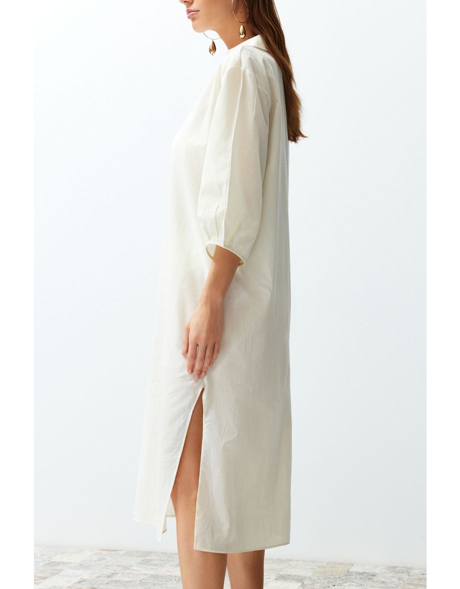 Ecru Wide Fit Midi Woven Balloon Sleeve 100% Cotton Beach Dress - 7