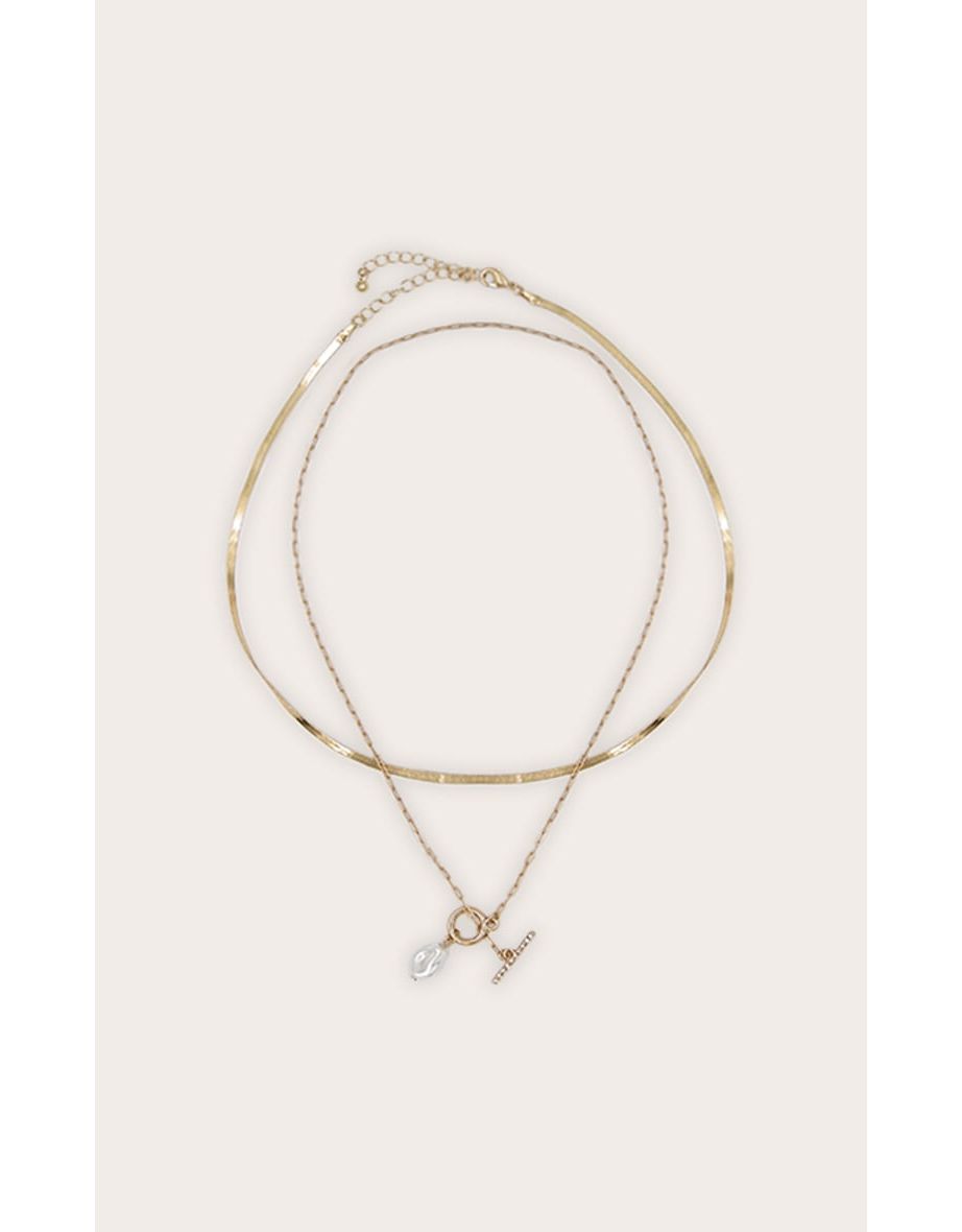 Gold Layered T-Bar Necklace With Pearl Detail - 2