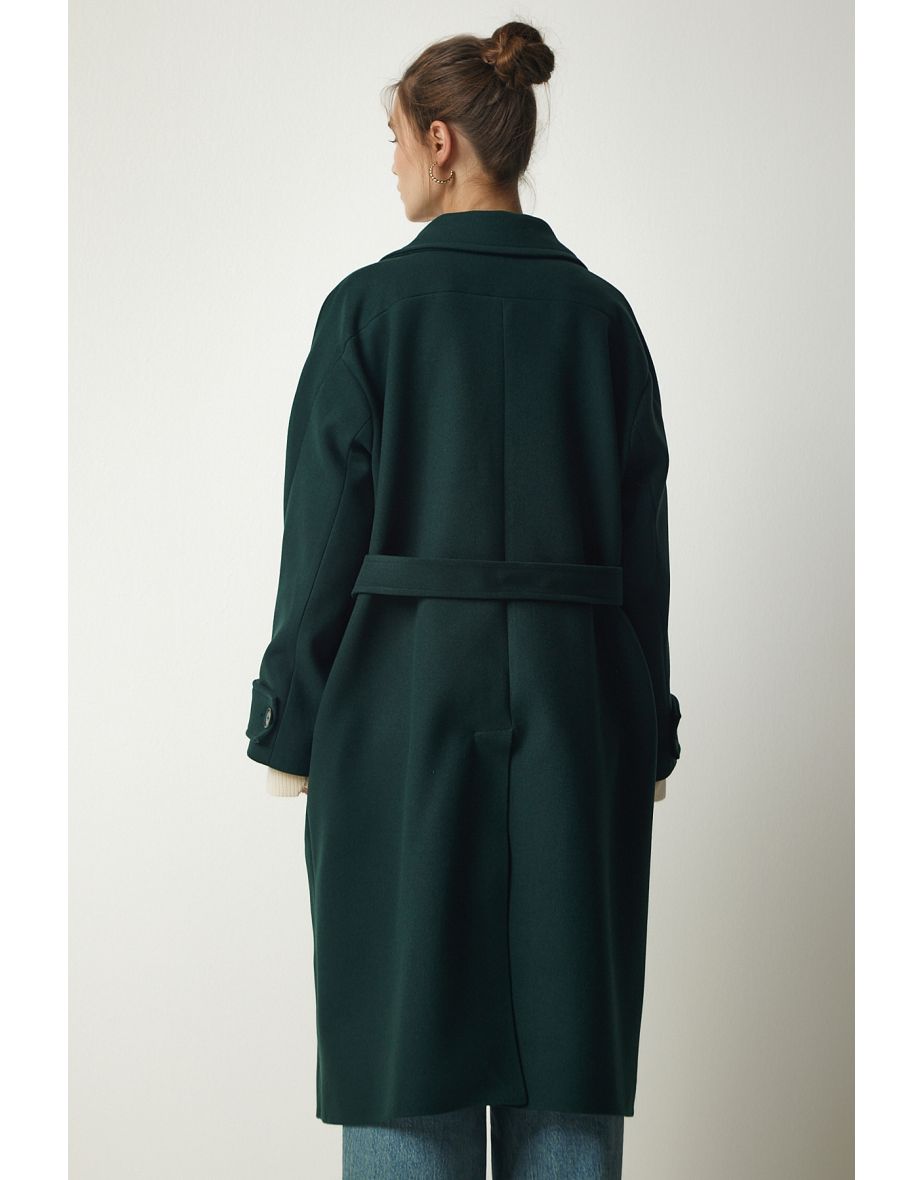 Women's Emerald Green Double Breasted Neck Belted Oversize Cachet Coat - 6