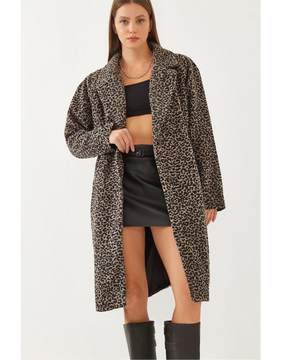 Women's Leopard Patterned Double Breasted Cashmere Coat