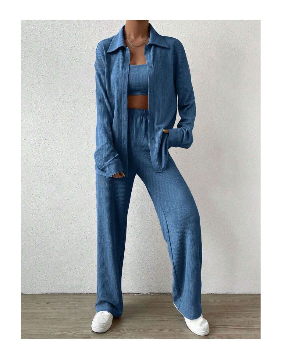 Indigo Blue Crinkle Fabric Shirt Trousers Bustier 3 Piece Set - 6