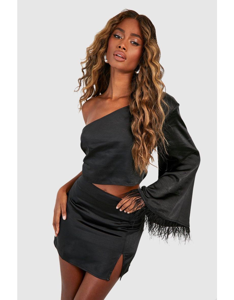 Matte Satin Flared Sleeve Feather Cuff Crop - black