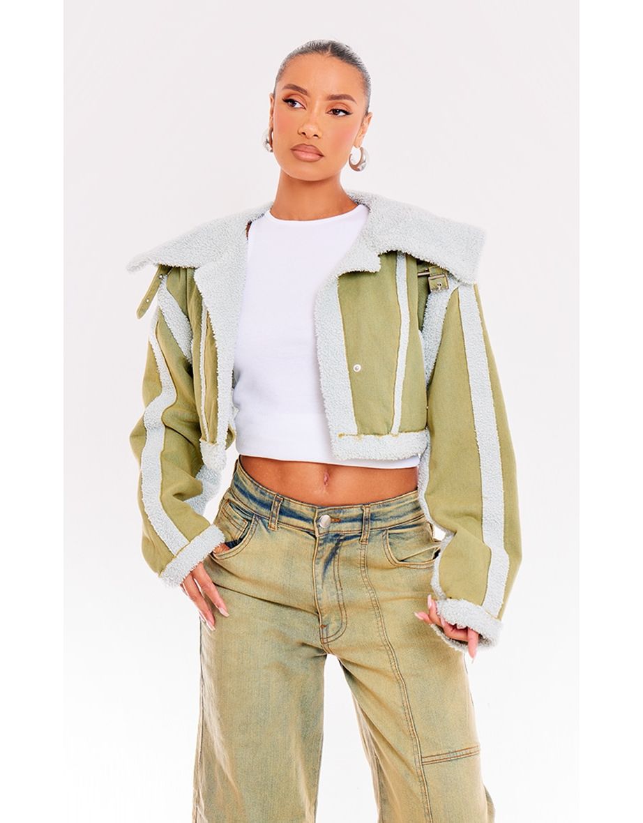Cropped denim jacket khaki online