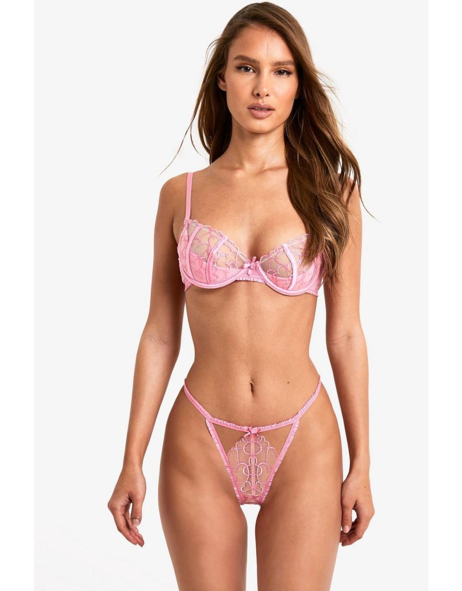 Valentines Heart Embroidered Cut Out Thong - pink