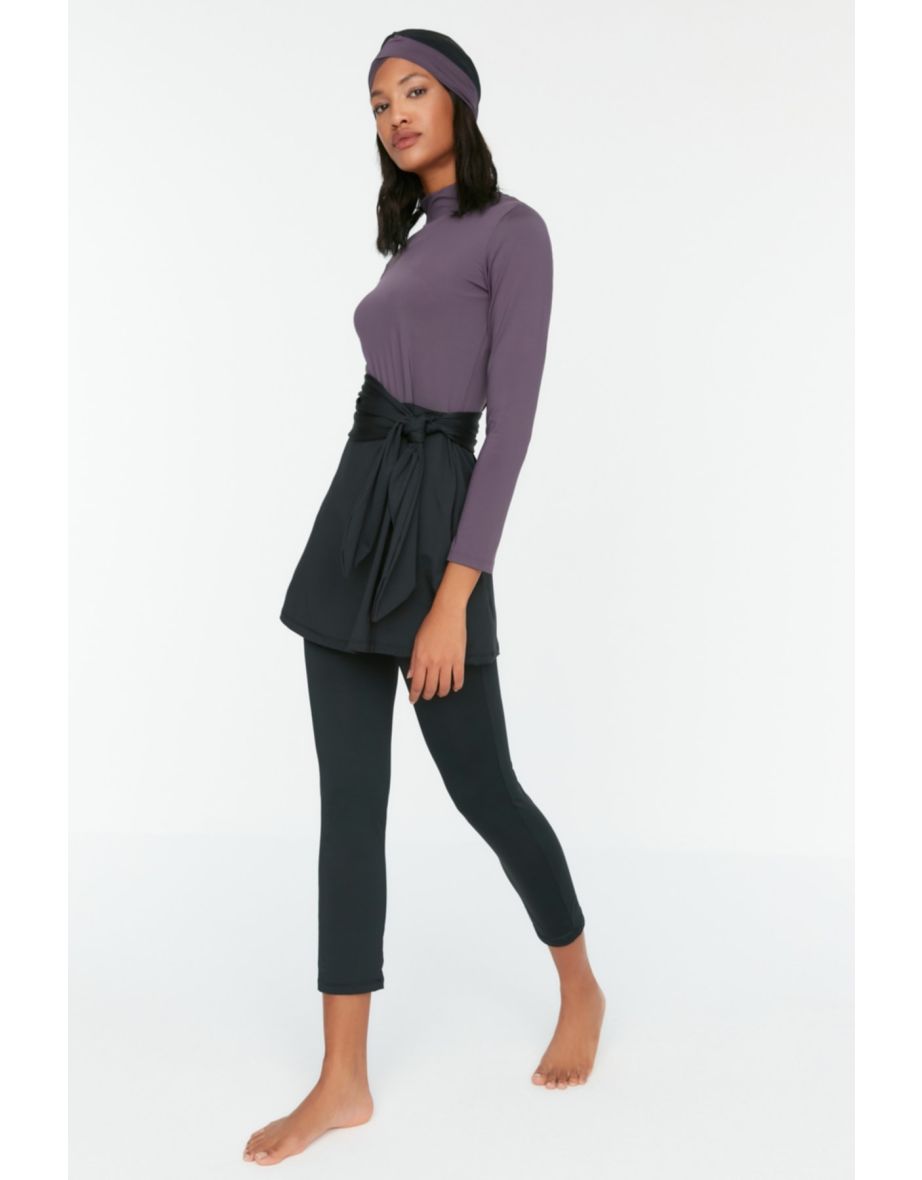 Gray Color Block Long Sleeve Knitted 4-Piece Swimsuit Set - 3