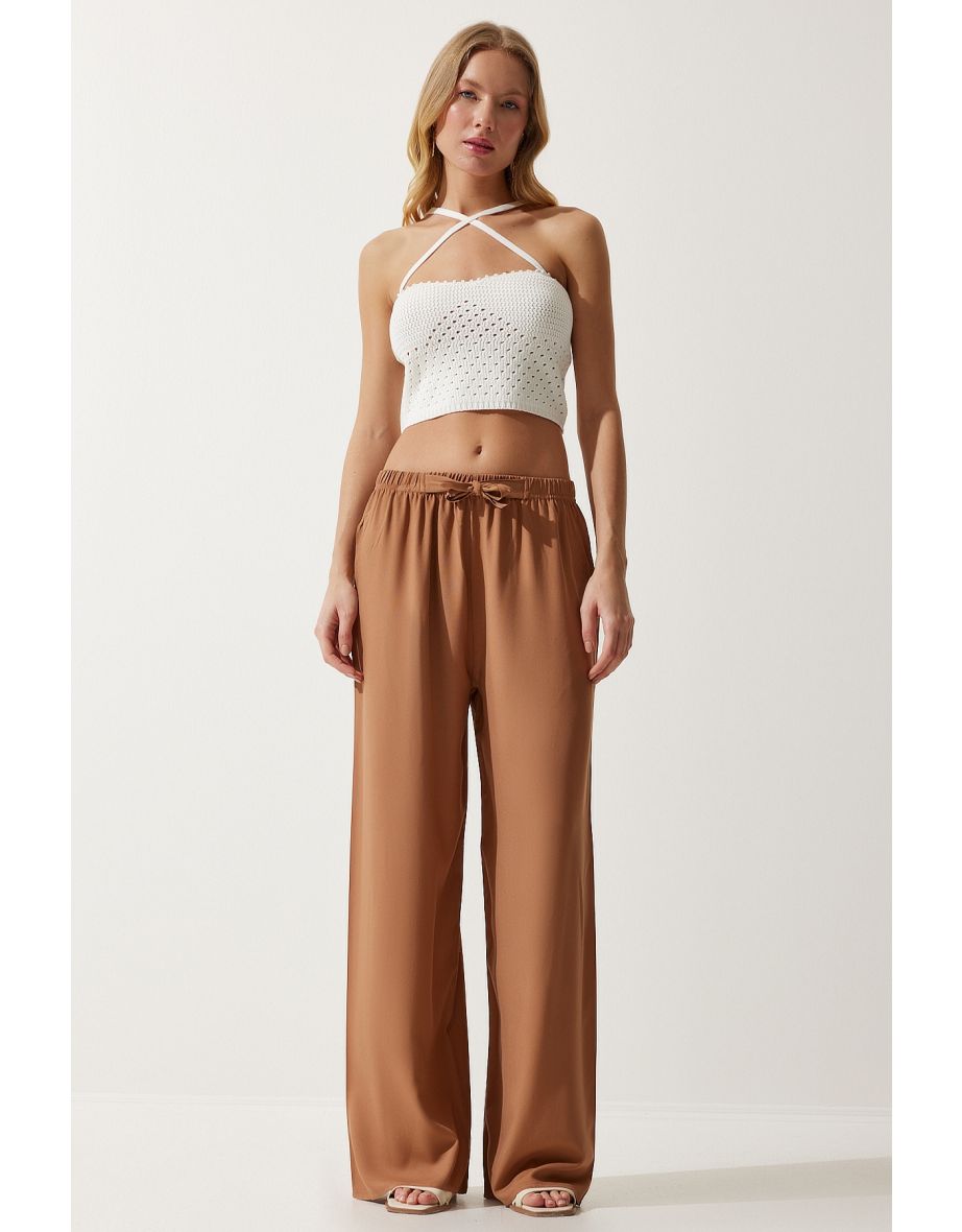 Women's Biscuit Flowy Knitted Palazzo Trousers