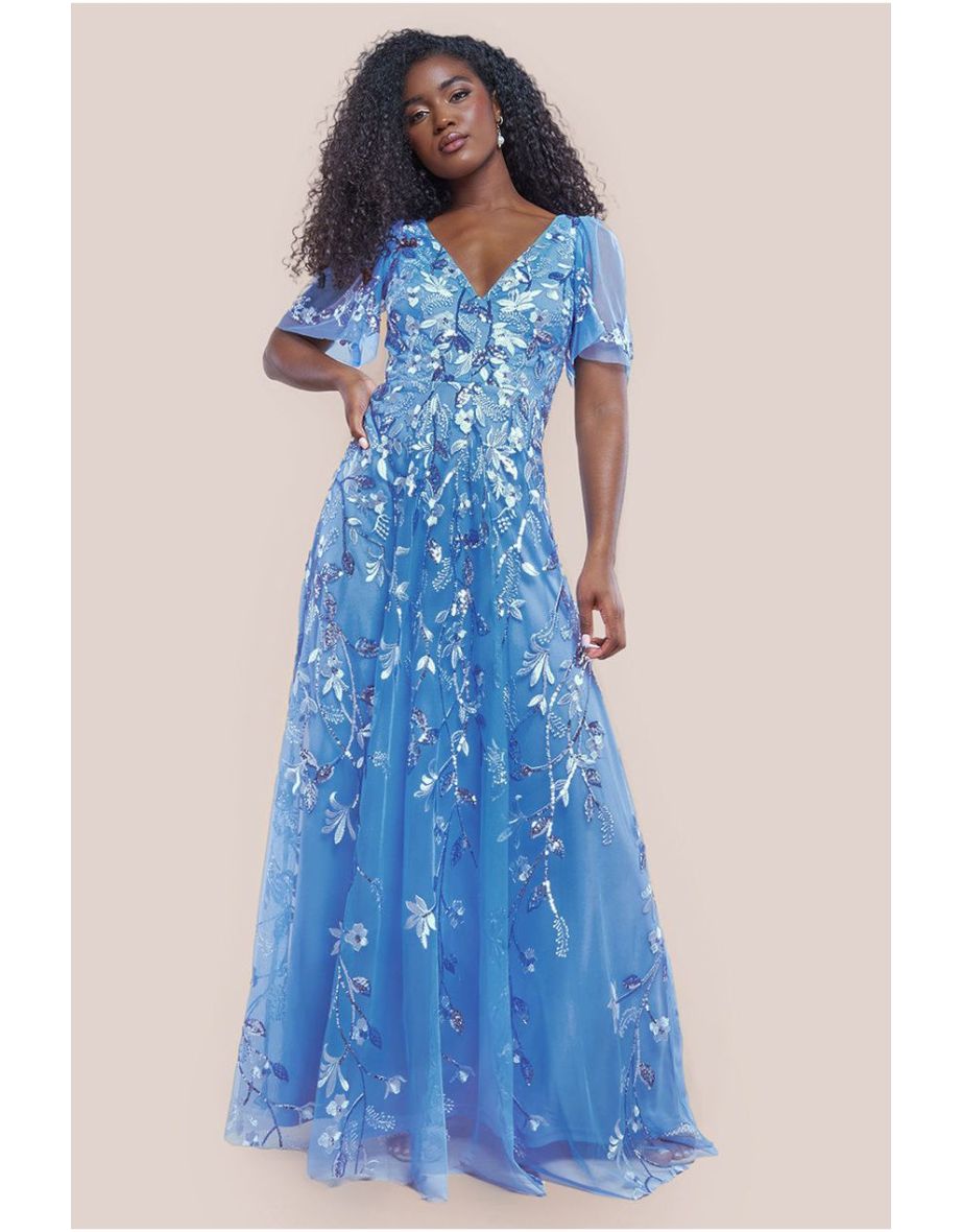 Goddiva Flared Sleeve Embroidered Maxi Dress - Cornflower Blue