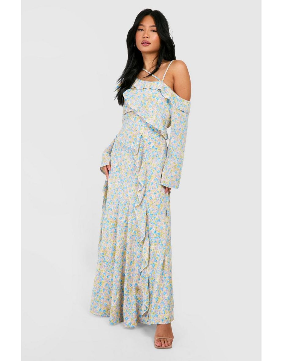 Petite Floral Asymmetric Ruffle Open Back Maxi Dress