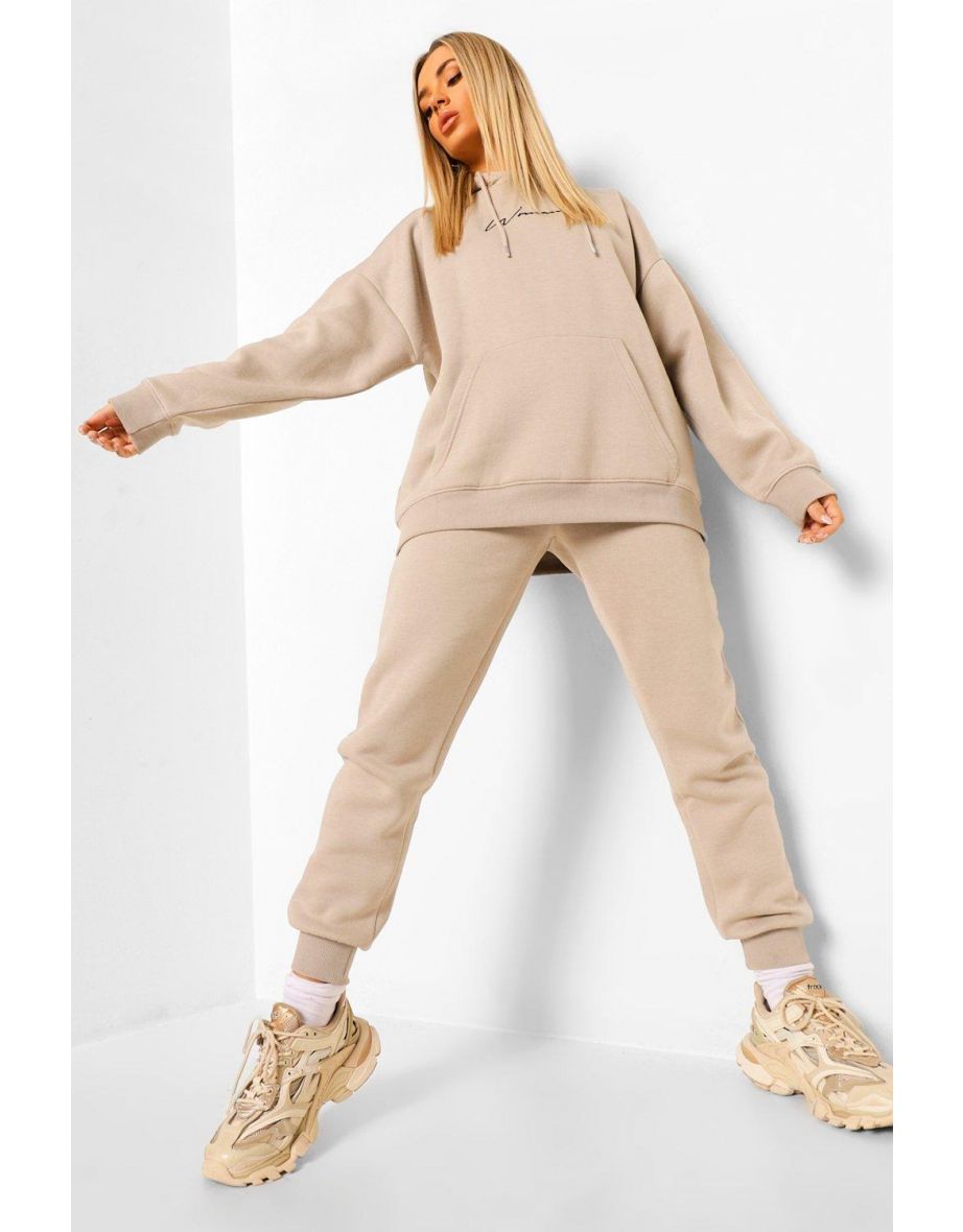 Oversized Woman Embroidered Hooded Tracksuit - stone