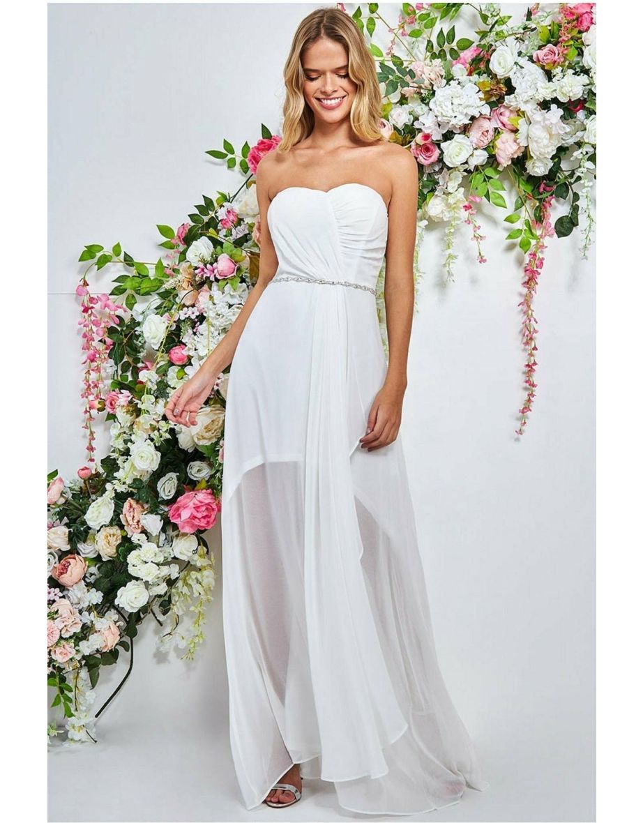 Goddiva Bardot Chiffon Wedding Dress With Belt - White