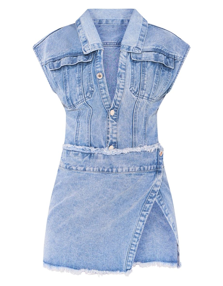 Petite Blue Sleeveless Wrap Over Denim Mini Dress - 4