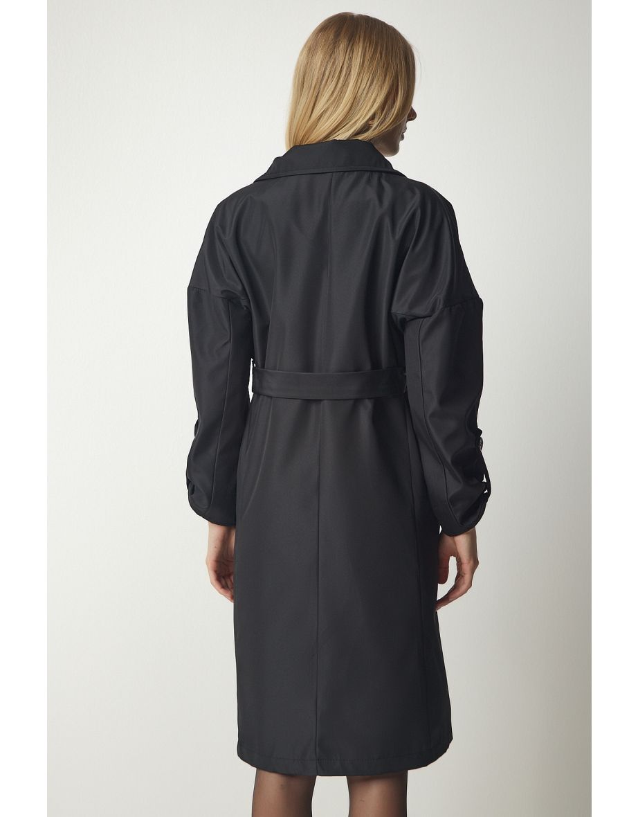 Women's Black Belted Seasonal Trench Coat - 5