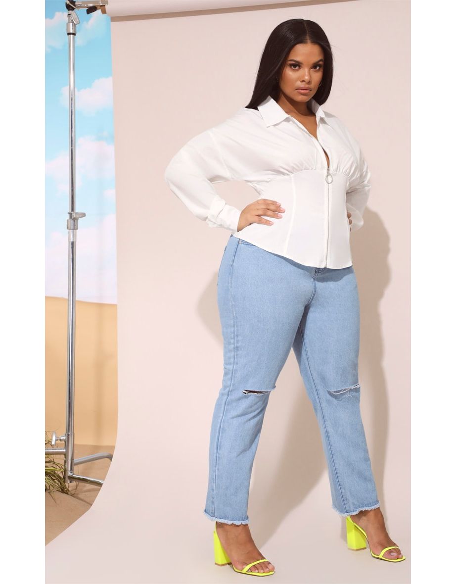 Plus White Zip Corset Detail Shirt - 3