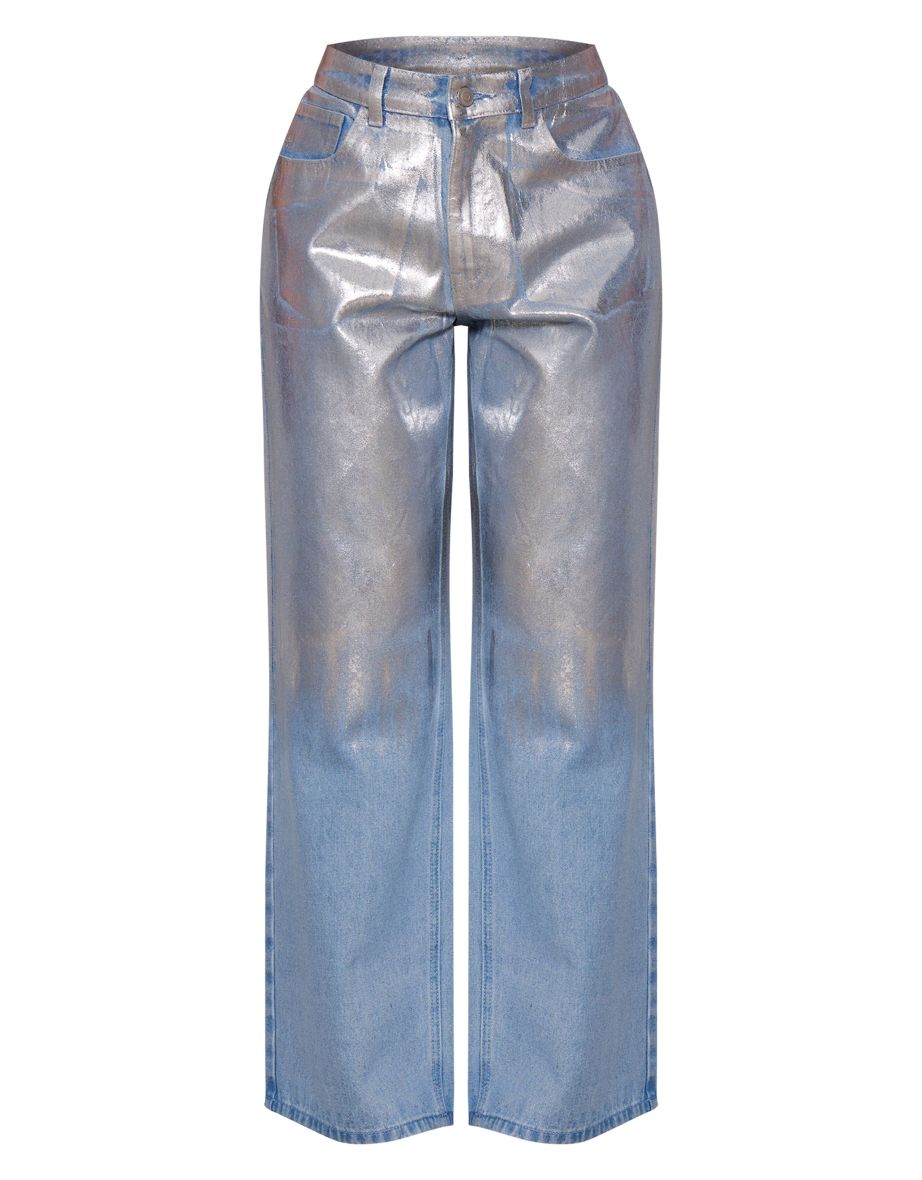 Silver Brushstroke Metallic Wide Leg Jeans - 4