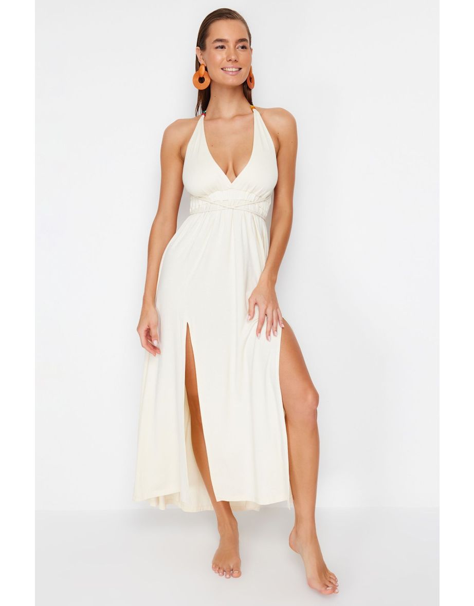 Ecru Maxi Knitted Beaded Accessory Beach Dress