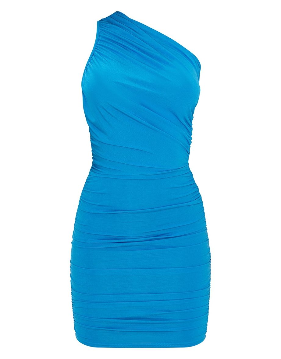 Blue Slinky Ruched One Shoulder Bodycon Dress - 4