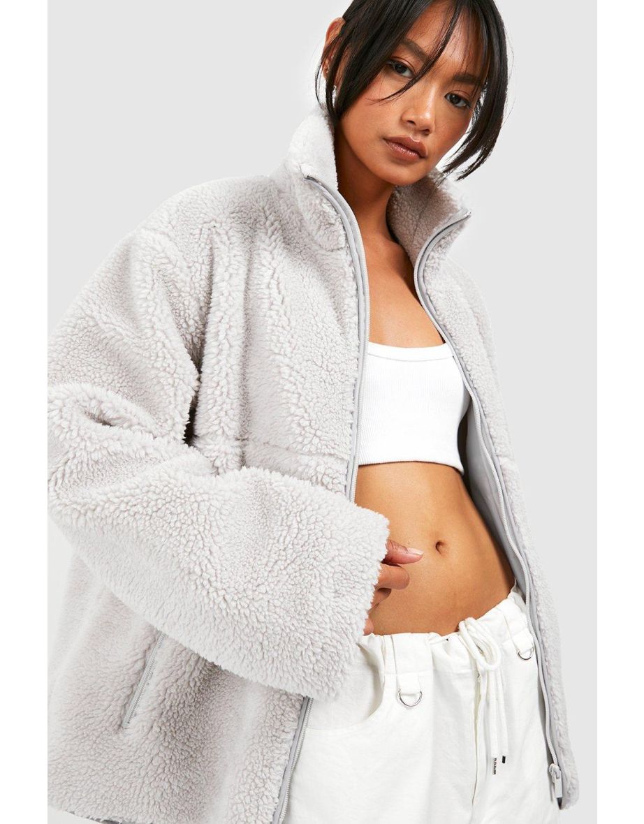 Zip Detail Faux Fur Teddy Jacket - grey - 3