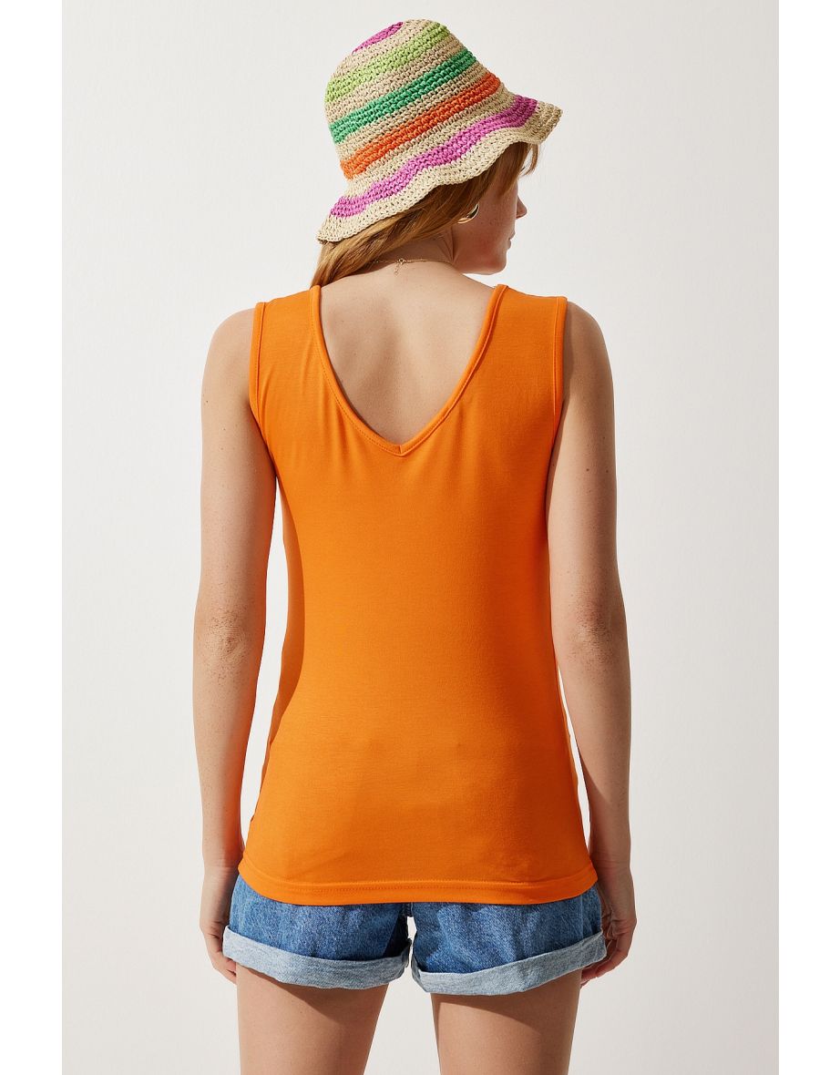Women's Orange Deep Front Back V Neck Viscose Blouse - 5