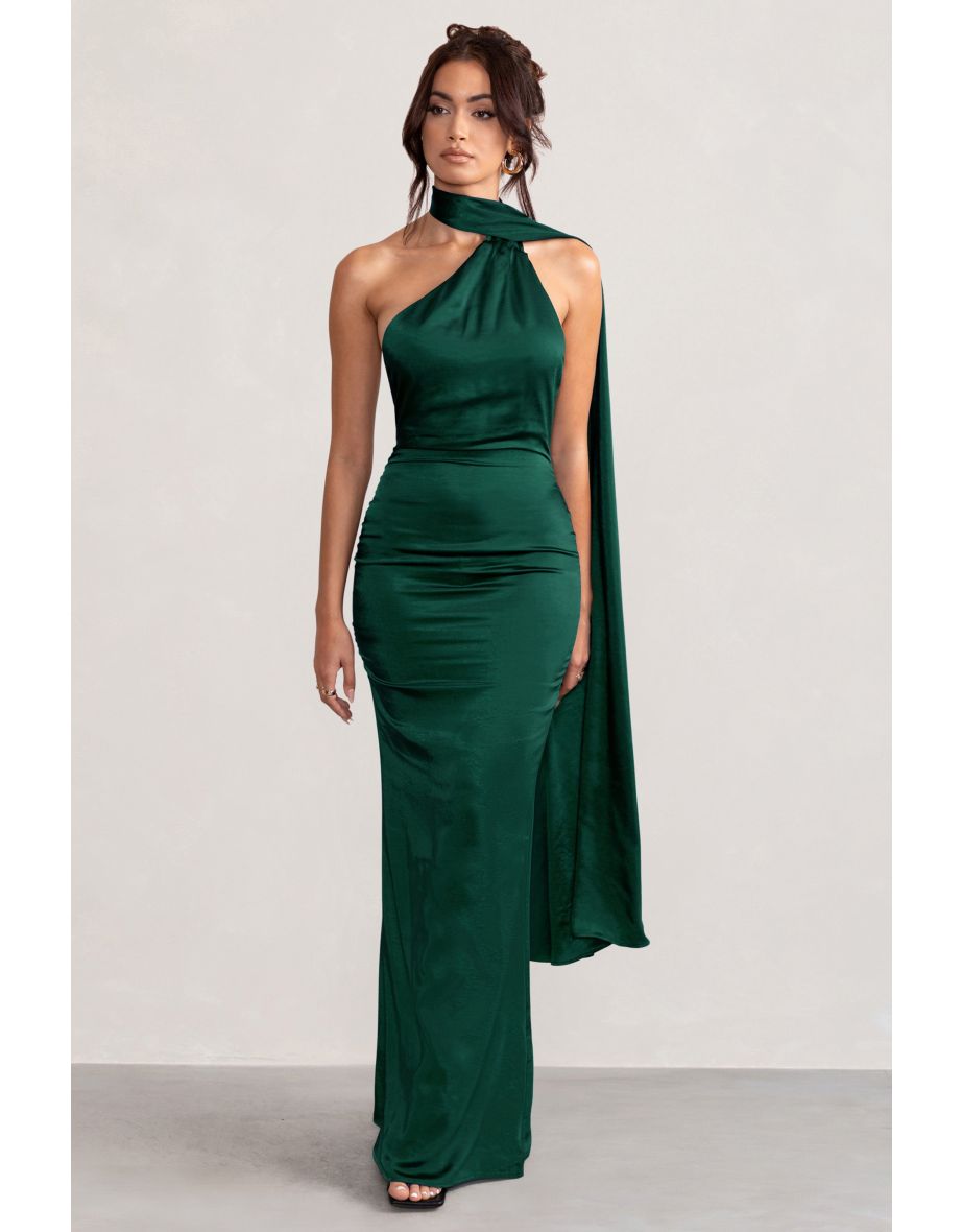 Mademoiselle | Bottle Green Satin Asymmetric Scarf Neck Backless Maxi Dress