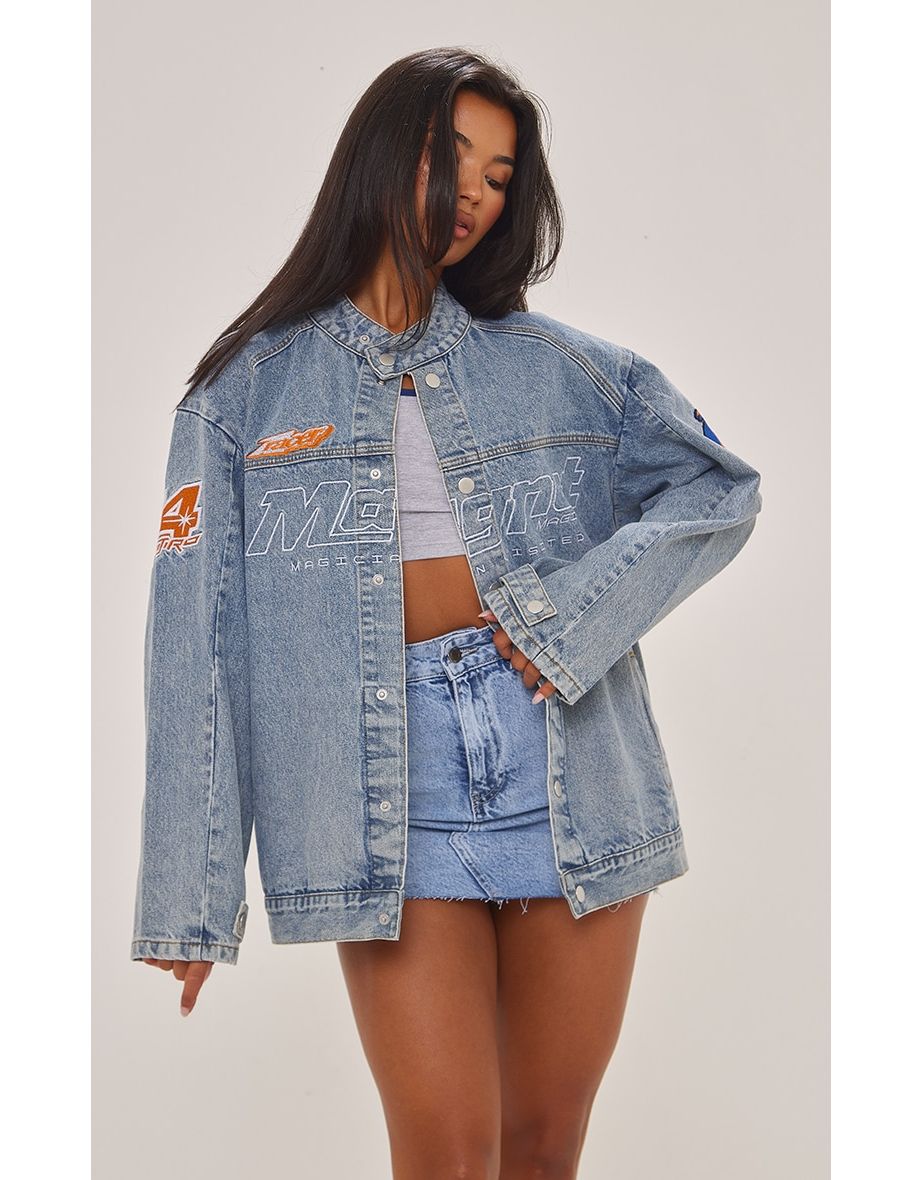 Mid Blue Wash Racer Slogan Oversized Denim Jacket