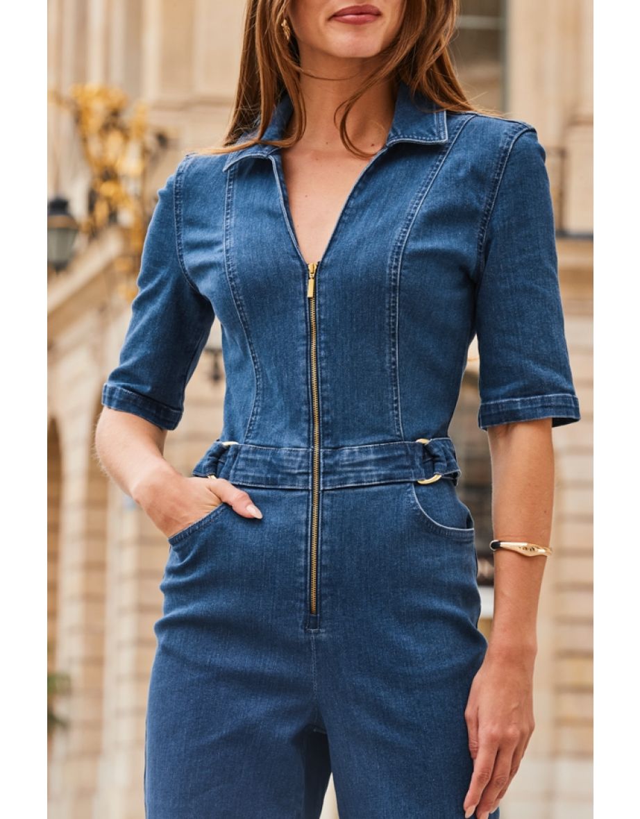 Dark Indigo Zip Front Wide Leg Denim Jumpsuit - 4