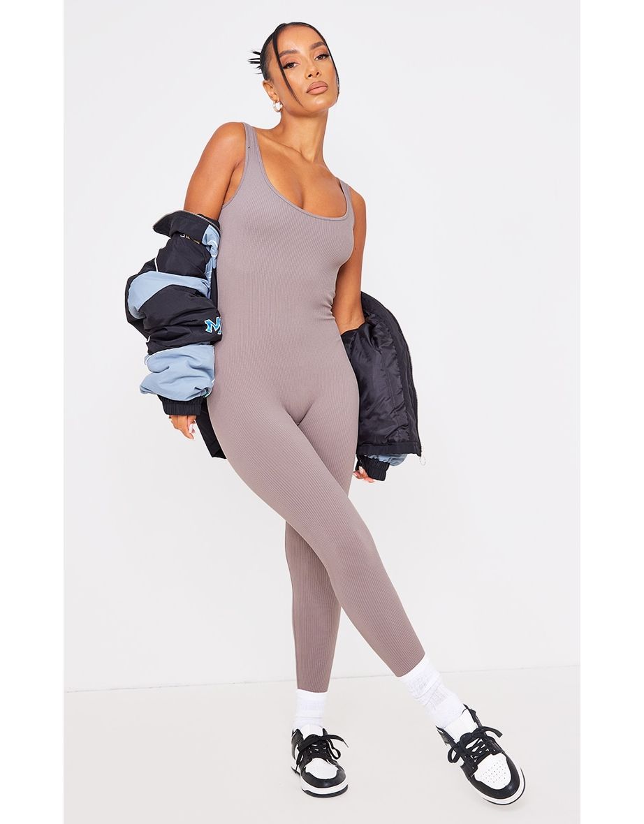 Ash Grey Structured Contour Ribbed Scoop Neck Jumpsuit