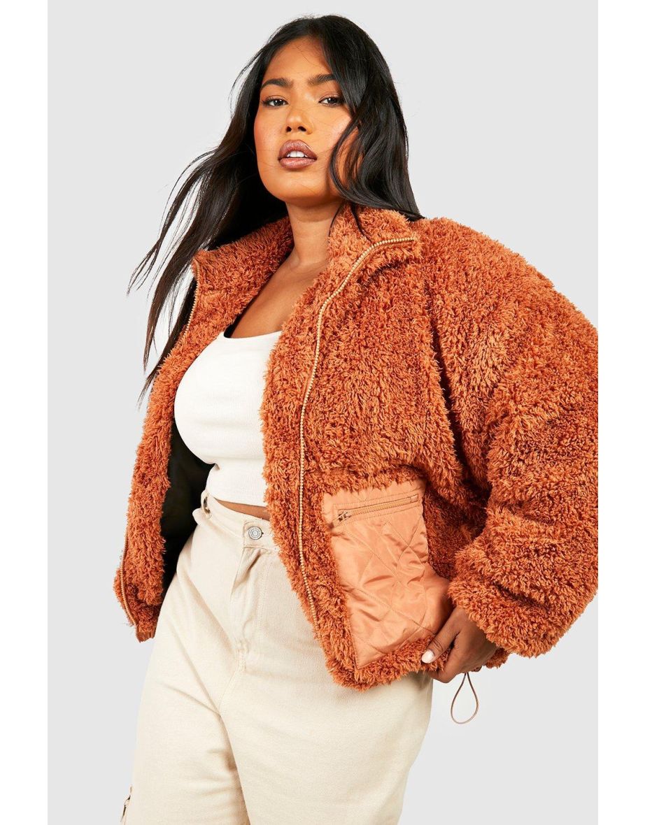 Shop Plus Pocket Detail Borg Jacket camel Online in Qatar VogaCloset