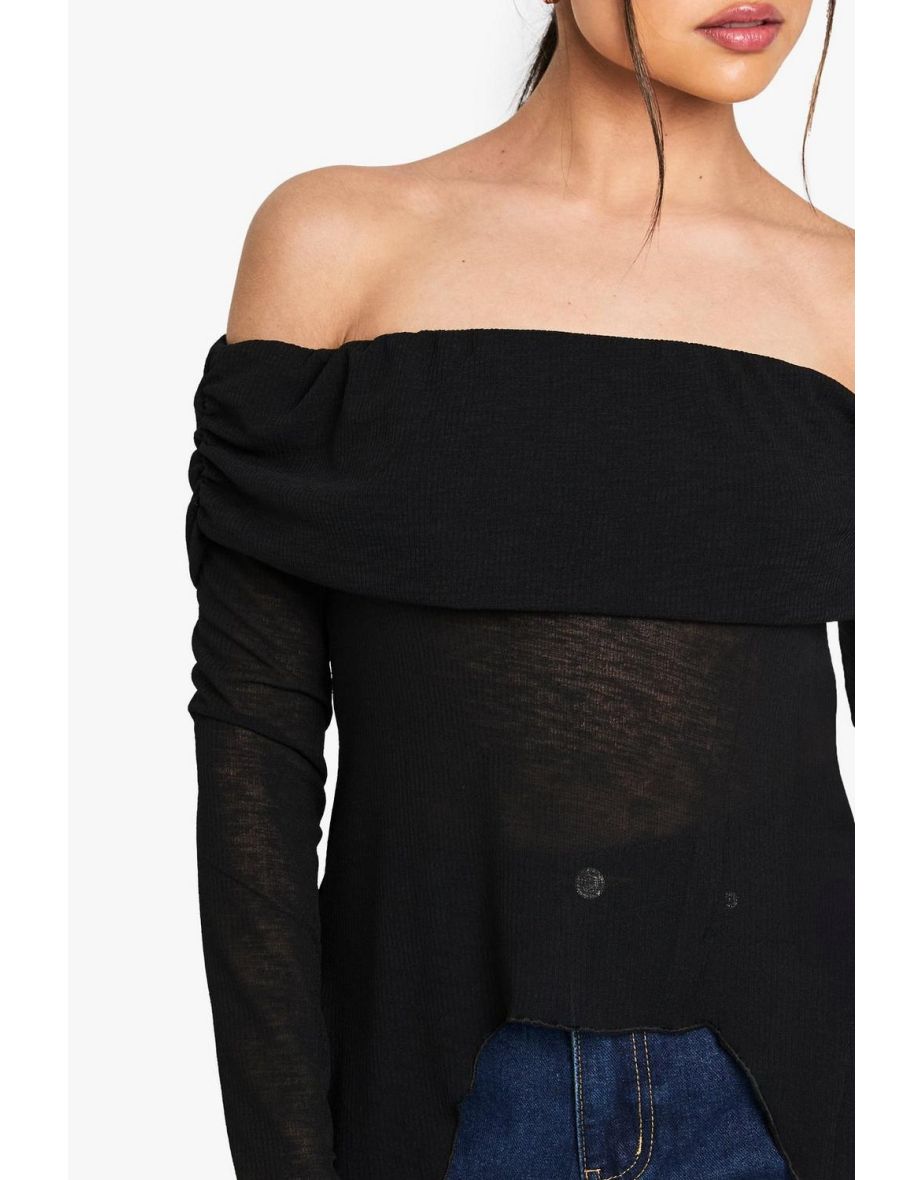 Sheer Mesh Bardot Top with Drape Detail - black - 3