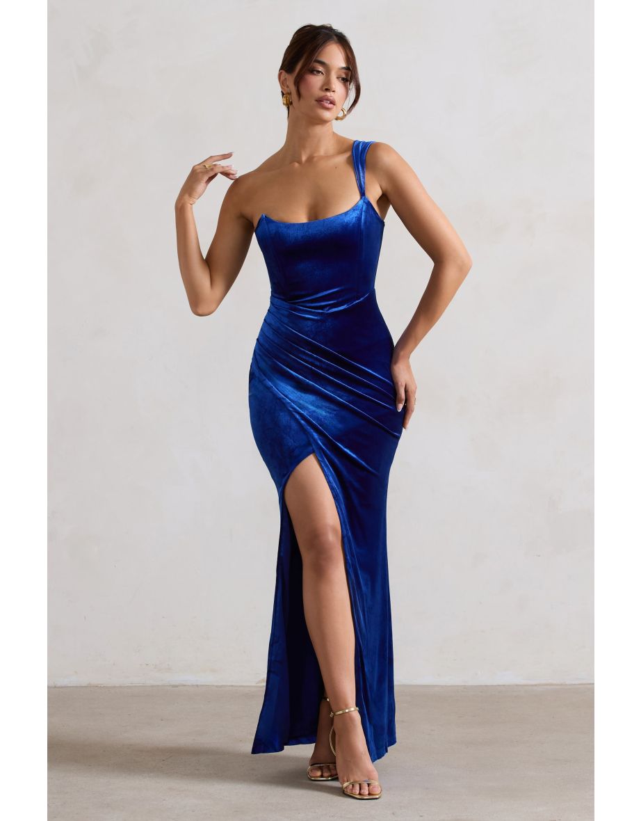 Jessica | Cobalt Velvet One Shoulder Corset Style Wrap Maxi Dress