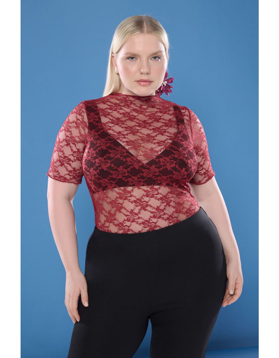 Burgundy Knitted Plus Size Lace Blouse