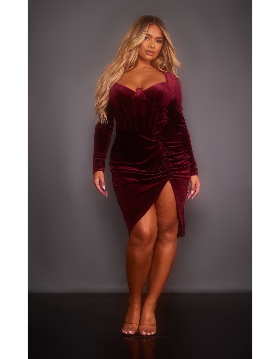 Burgundy ruched midi dress cheap