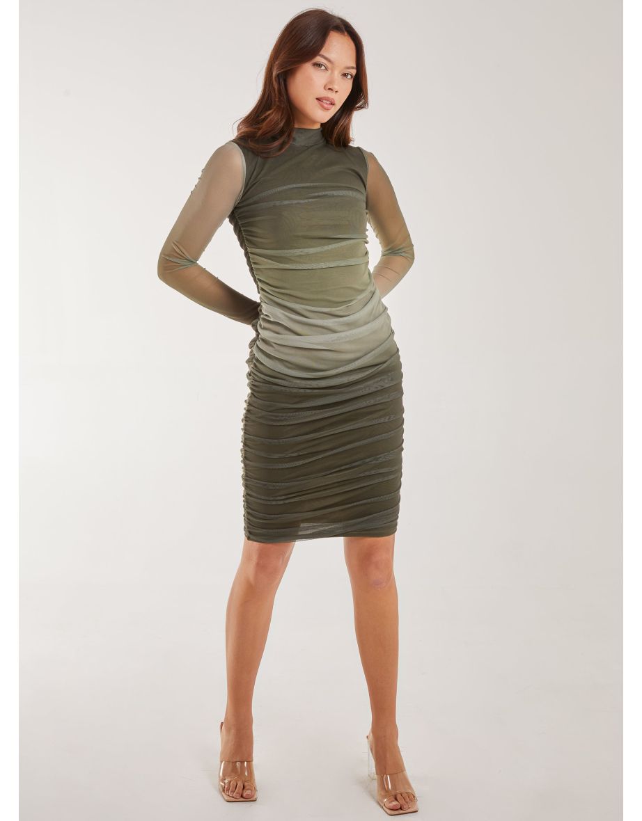 Long Sleeve Ombre Mesh Midi Dress