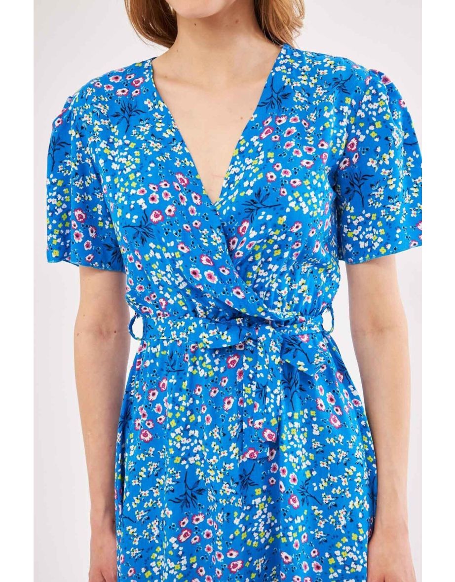 Women's Saxe Blue Tessera Dress Double Breasted Neck Skirt Frilly Patterned Mini Size - 4