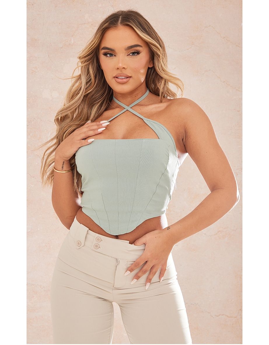 Sage Green Stretch Woven Cross Over Halter Crop Top
